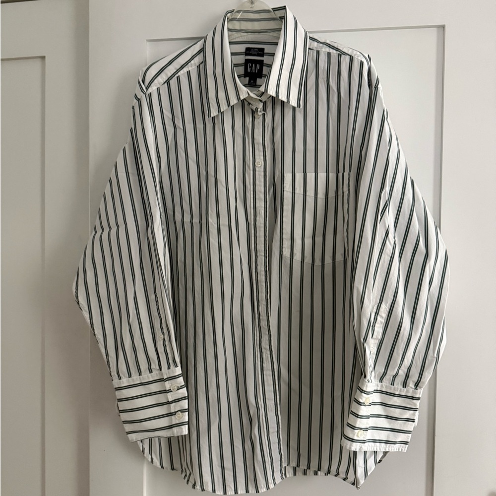 GAP White and Green Striped Over Sized Shirt